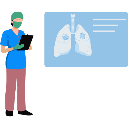 Médico verificando relatório de infecção pulmonar  Ilustração