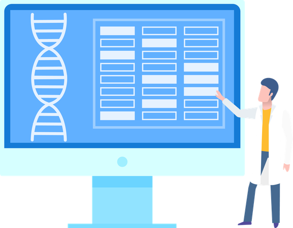 Estrutura da hélice de DNA do relatório médico no monitor  Ilustração