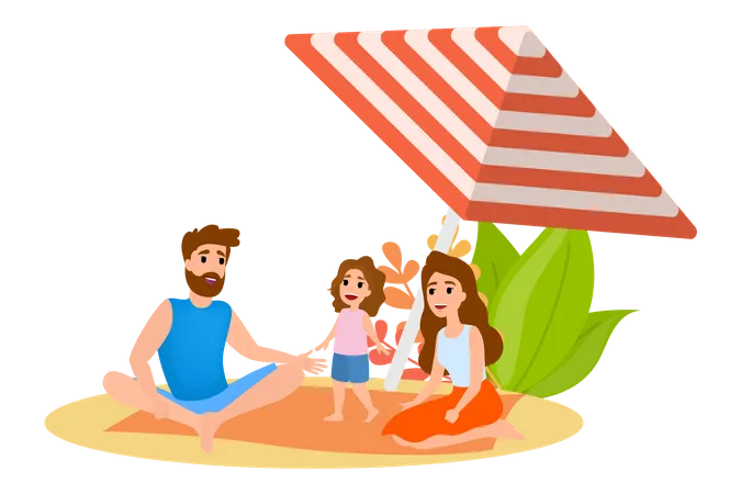 Familia relajarse en la playa  Ilustración
