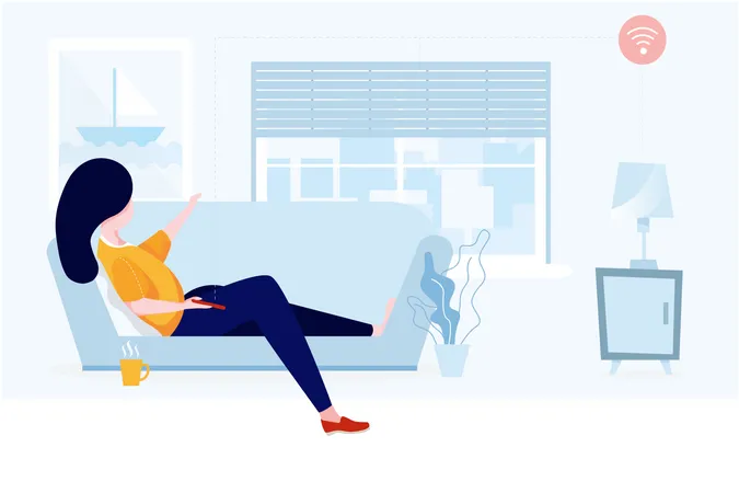 Senhora Operando Tecnologia Sem Fio Em Sua Casa Enquanto Relaxa Com Cha Quente No Sofa Ilustração