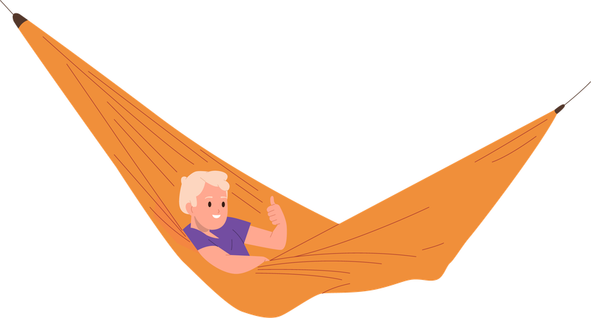 Relaxed boy gesturing thumbs up enjoying rest in comfortable hammock swing  Illustration