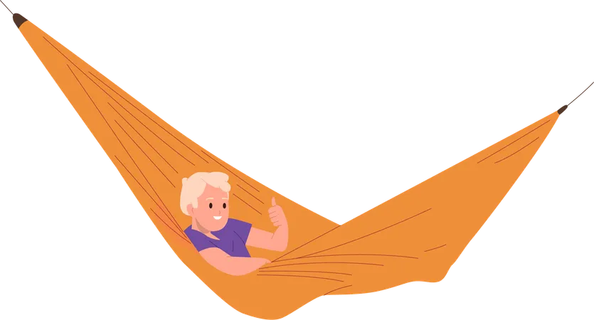Relaxed boy gesturing thumbs up enjoying rest in comfortable hammock swing  Illustration