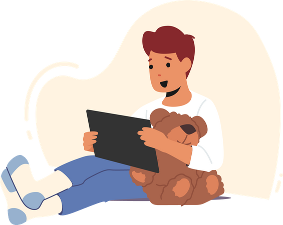 Relaxed Boy with Tablet Pc and Teddy Bear  Illustration