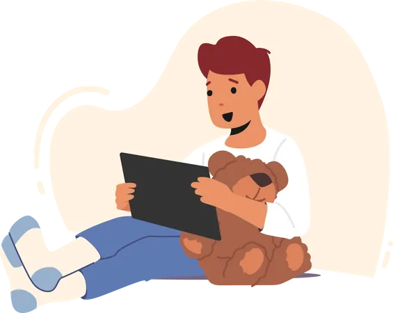 Relaxed Boy with Tablet Pc and Teddy Bear  Illustration