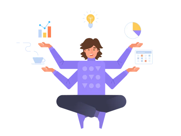 Multitasking Concept Business Man Sitting And Meditating In Lotus Pose With Four Hands Freelance Work And Effective Time Management Vector Illustration In Flat Linear Style Illustration