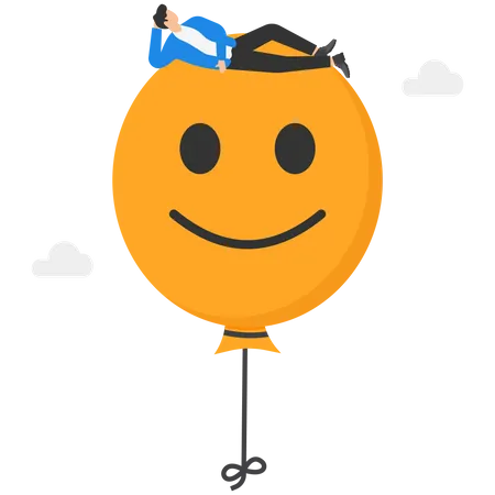 Businessman Floats In The Sky And Holds A Yellow Balloon With A Smile Relax Businessmen With A Happy Mood Modern Vector Illustration In Flat Style Illustration