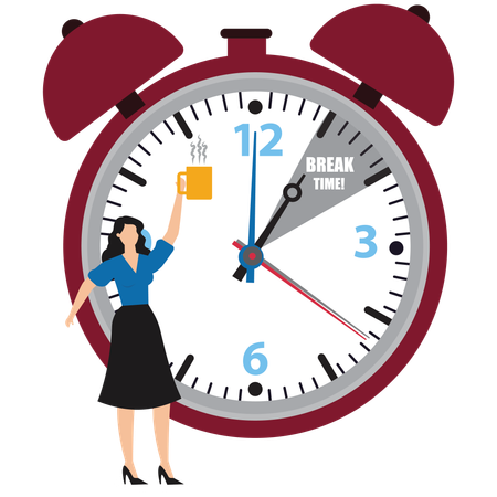 Relaxed businesswoman enjoys cup of coffee or tea beside alarm clock  Illustration