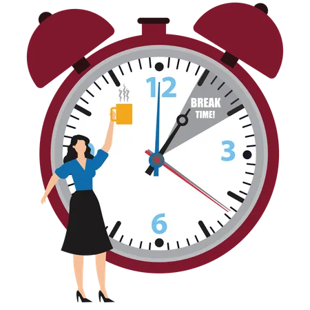 Relaxed businesswoman enjoys cup of coffee or tea beside alarm clock  Illustration