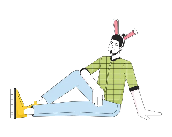 Relaxed Caucasian Man With Rabbit Ears 2 D Linear Cartoon Character European Guy Easter Bunny Ears Isolated Line Vector Person White Background Eastertime Celebration Color Flat Spot Illustration Illustration