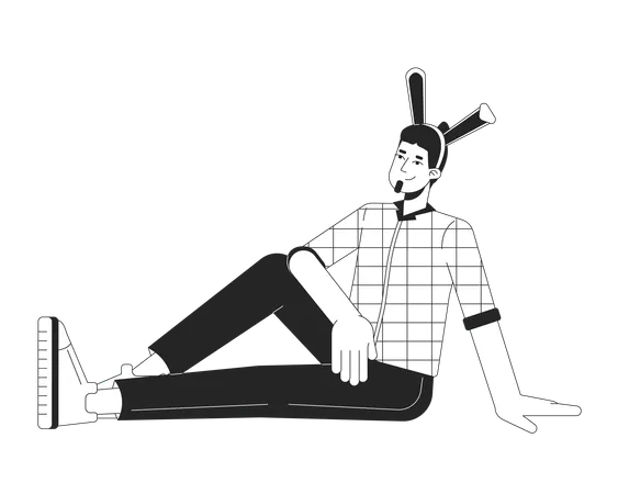 Relaxed Caucasian Man With Rabbit Ears Black And White 2 D Line Cartoon Character European Guy Easter Bunny Ears Isolated Vector Outline Person Eastertime Monochromatic Flat Spot Illustration Illustration