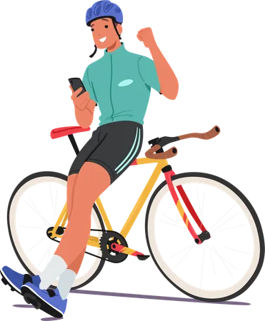 Relaxed Sportsman Cyclist Character Perches On His Bike Frame Smartphone In Hand Making A Triumphant Yeah Gesture Embodying Joy And Satisfaction Cartoon People Vector Illustration Illustration