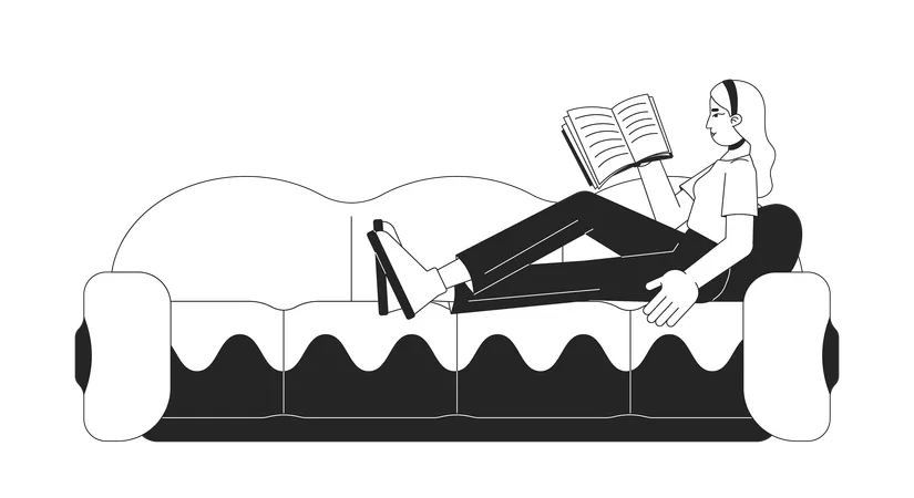 Relaxed European Woman Reading Book On Sofa Black And White 2 D Line Cartoon Character Caucasian Female Relaxing Isolated Vector Outline Person Lo Fi Lifestyle Monochromatic Flat Spot Illustration Illustration