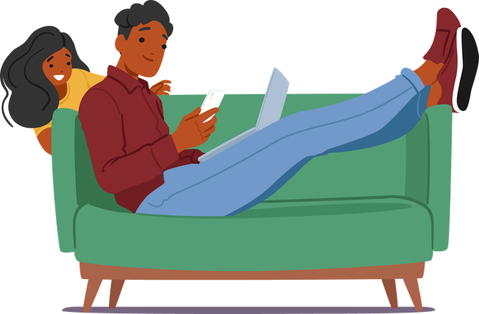 Relaxed Father Character Lying In Sofa Engrossed In His Smartphone And Laptop  Illustration