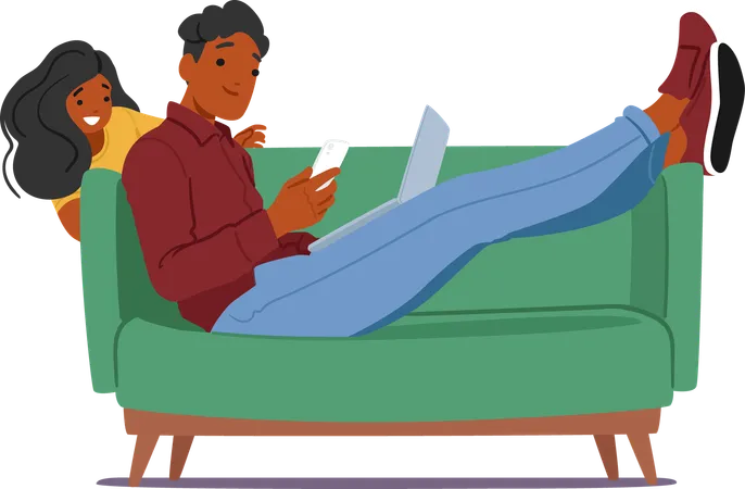 Relaxed Father Character Lying In Sofa Engrossed In His Smartphone And Laptop  Illustration