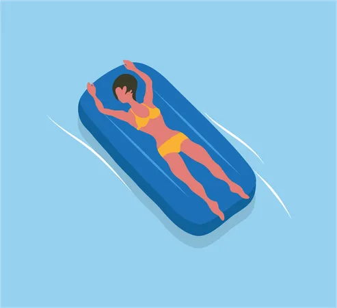 Woman Suntanning On Mattress Isolated Female Character In Yellow Swimsuit Vector Girl And Inflatable Means Helping To Swim In Blue Sea Or Oceans Waters Illustration