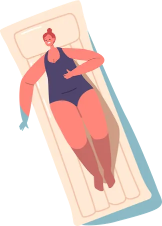 Relaxed Female Character Enjoying Summer Time Vacation Floating On Inflatable Air Mattress Take Sun Bath And Tanning On Resort Hotel Relax In Swimming Pool Ocean Or Sea Cartoon Vector Illustration 일러스트레이션