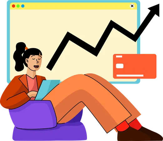 A Woman Sits Comfortably With Her Laptop Overseeing A Financial Graph That Climbs Upwards A Credit Card Icon Suggests Involvement In E Commerce Or Online Investments Illustration