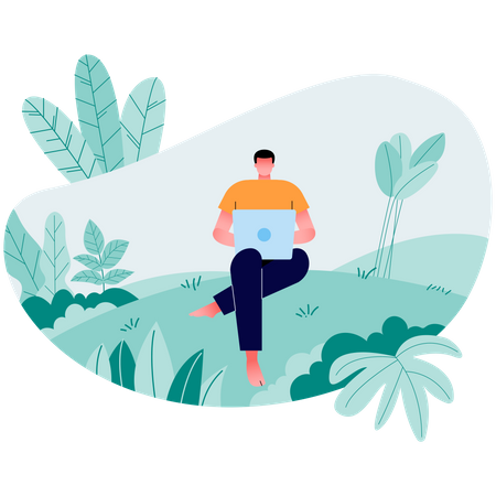 Relaxed freelancer guy sitting on the hill and working Illustration