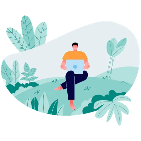 Relaxed freelancer guy sitting on the hill and working Illustration