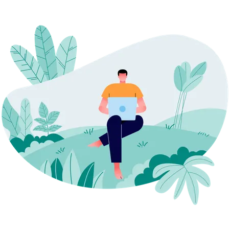 Relaxed freelancer guy sitting on the hill and working  Illustration