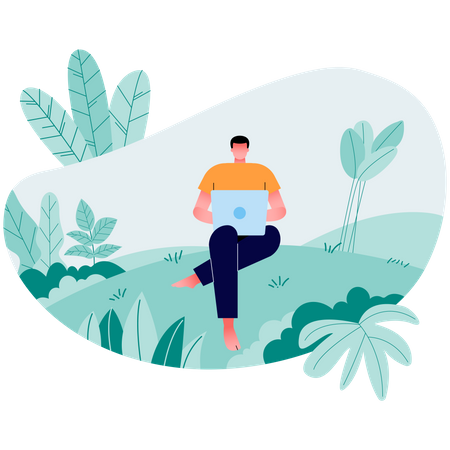 Relaxed freelancer guy sitting on the hill and working  일러스트레이션