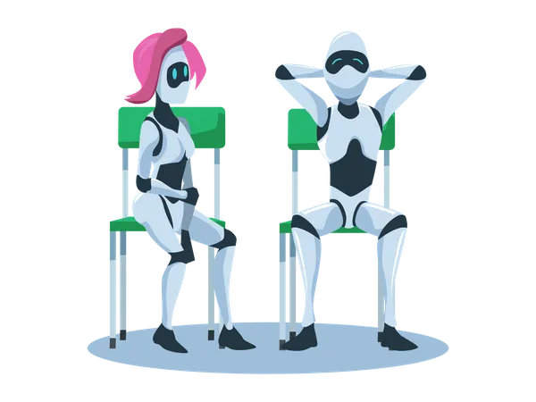 Relaxed Male and Female Robot Sitting on Chair Illustration