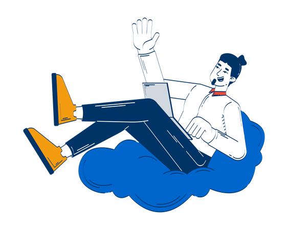 Relaxed male freelancer with laptop waving from fluffy cloud  Illustration