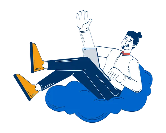 Relaxed male freelancer with laptop waving from fluffy cloud  Illustration