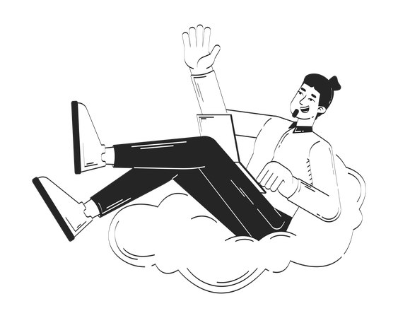 Relaxed male freelancer with laptop waving from fluffy cloud  Illustration