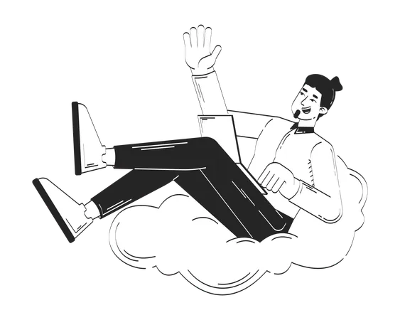 Relaxed male freelancer with laptop waving from fluffy cloud  Illustration