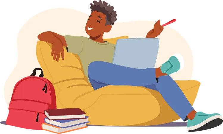 Relaxed Male Student Sitting With Laptop And Books On Beanbag During Educational  Illustration