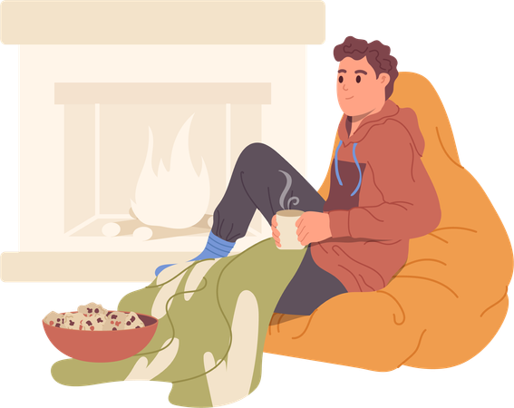 Relaxed man drinking hot tea sitting at home near fireplace  Illustration