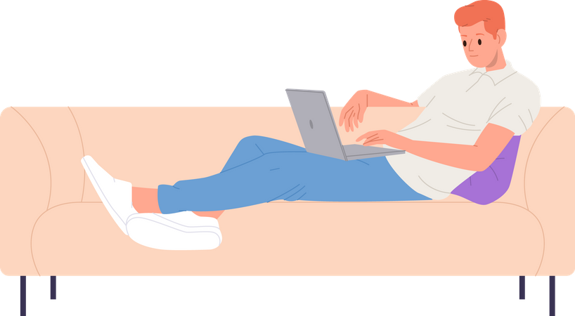 Relaxed man freelancer on sofa using laptop computer watching webinar  일러스트레이션