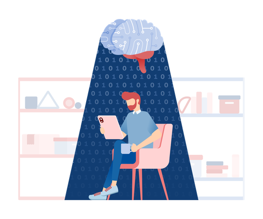 Relaxed Man in Modern Lounge Gaining Profound Enlightenment from an AI Brain Showering Cascading Binary Numbers  Illustration