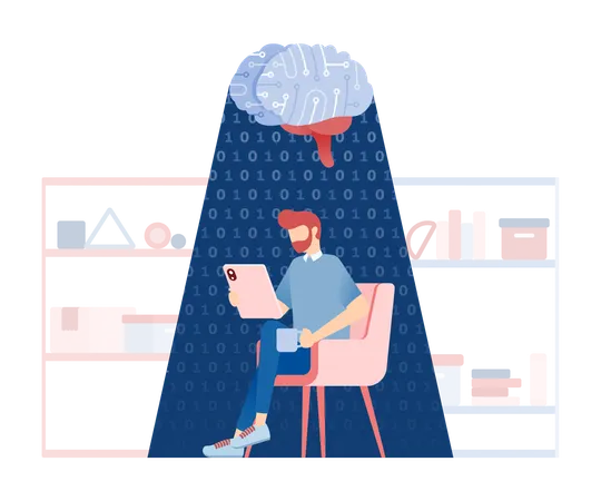 Relaxed Man in Modern Lounge Gaining Profound Enlightenment from an AI Brain Showering Cascading Binary Numbers  Illustration
