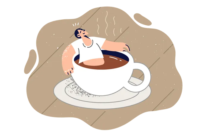 Relaxed Man Sits Inside Large Cup Of Coffee Experiencing Bliss Of Relaxation And Energy To Improve Performance Guy Bathes In Hot Coffee To Gain Energy And Strength Before Starting Working Day Illustration