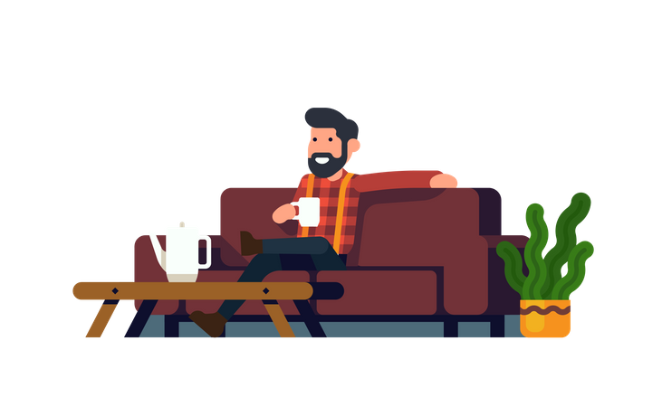 Relaxed man sitting on couch holding a cup of coffee  Illustration