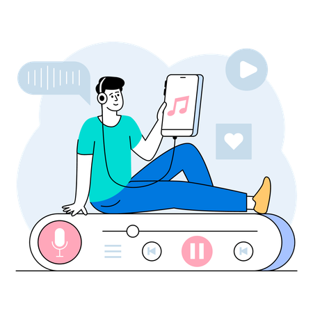 Relaxed podcast listener lounging on the couch fully immersed in their favorite show  Illustration