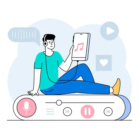 Relaxed podcast listener lounging on the couch fully immersed in their favorite show  Illustration