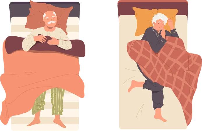 Relaxed Senior Old Man And Woman Cartoon Characters Wearing Pajama Sleeping Alone In Bed With Pillow Under Duvet Isolated On White Background Night Rest For Elderly People Vector Illustration Illustration