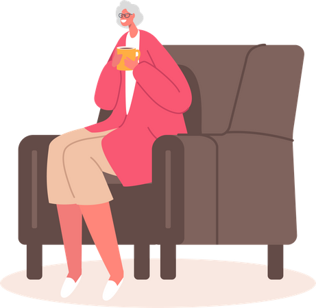 Relaxed Senior Woman Comfortable Chair Drinking Tea  Illustration