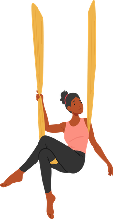 Relaxed Woman Character Gracefully Performs Aerial Yoga  Illustration