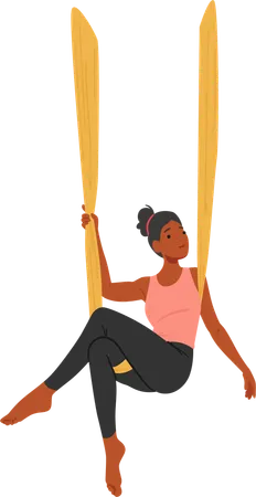 Relaxed Woman Character Gracefully Performs Aerial Yoga  Illustration