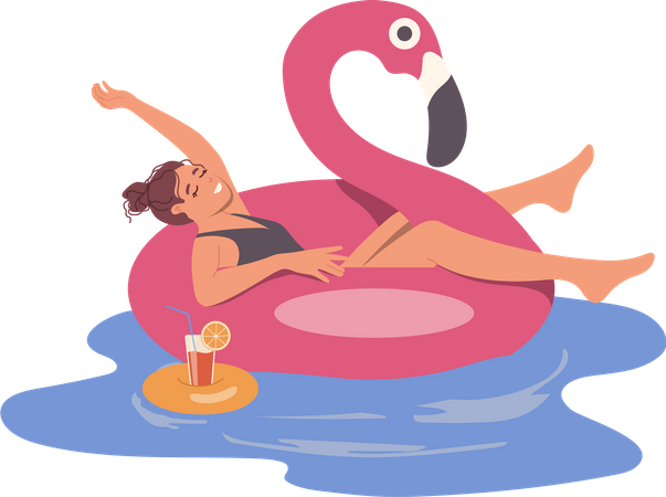 Relaxed woman floating in rubber swan ring drinking cocktail while rest in swimming pool  Illustration