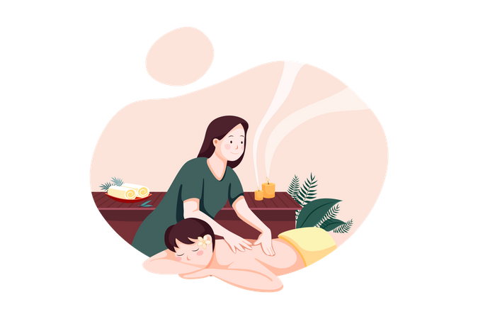 Relaxed woman getting back massage in luxury spa with professional massage therapist Illustration