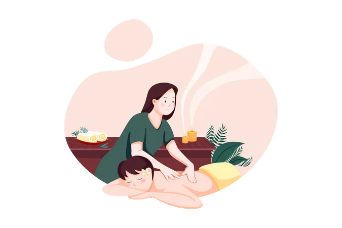 Relaxed woman getting back massage in luxury spa with professional massage therapist  Illustration