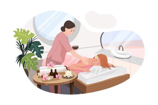 Relaxed woman getting back massage in luxury spa with professional massage therapist Illustration