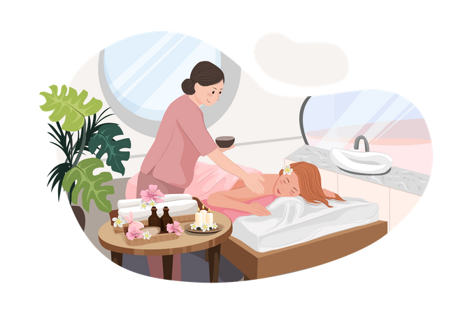 Relaxed woman getting back massage in luxury spa with professional massage therapist  Illustration