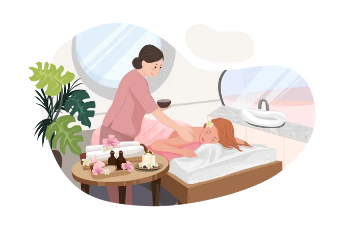 Relaxed woman getting back massage in luxury spa with professional massage therapist  Illustration