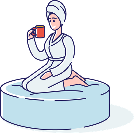 Relaxed woman in towel and bathrobe drinks tea after bath  Illustration